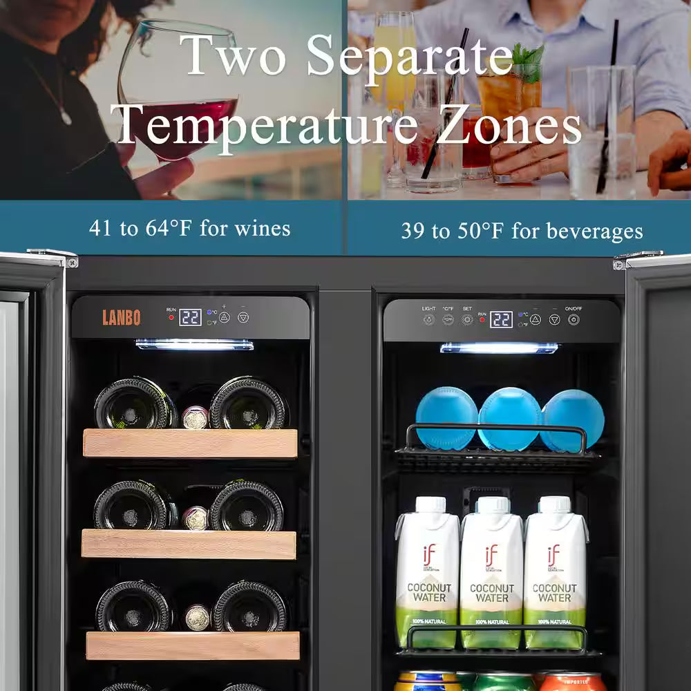 23.4 In. Dual Zone 18-Wine Bottles and 55-Cans with French Door Beverage and Wine Cooler in Stainless Steel