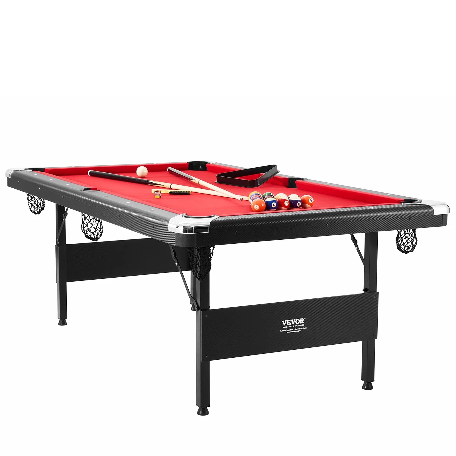 Billiards Table, 7 Ft Pool Table, Portable Foldable Space-Saving Table, Billiard Table Set Includes Balls, Cues, Chalks and Brush, Black with Red Cloth, Perfect for Family Game Room Kids Adults