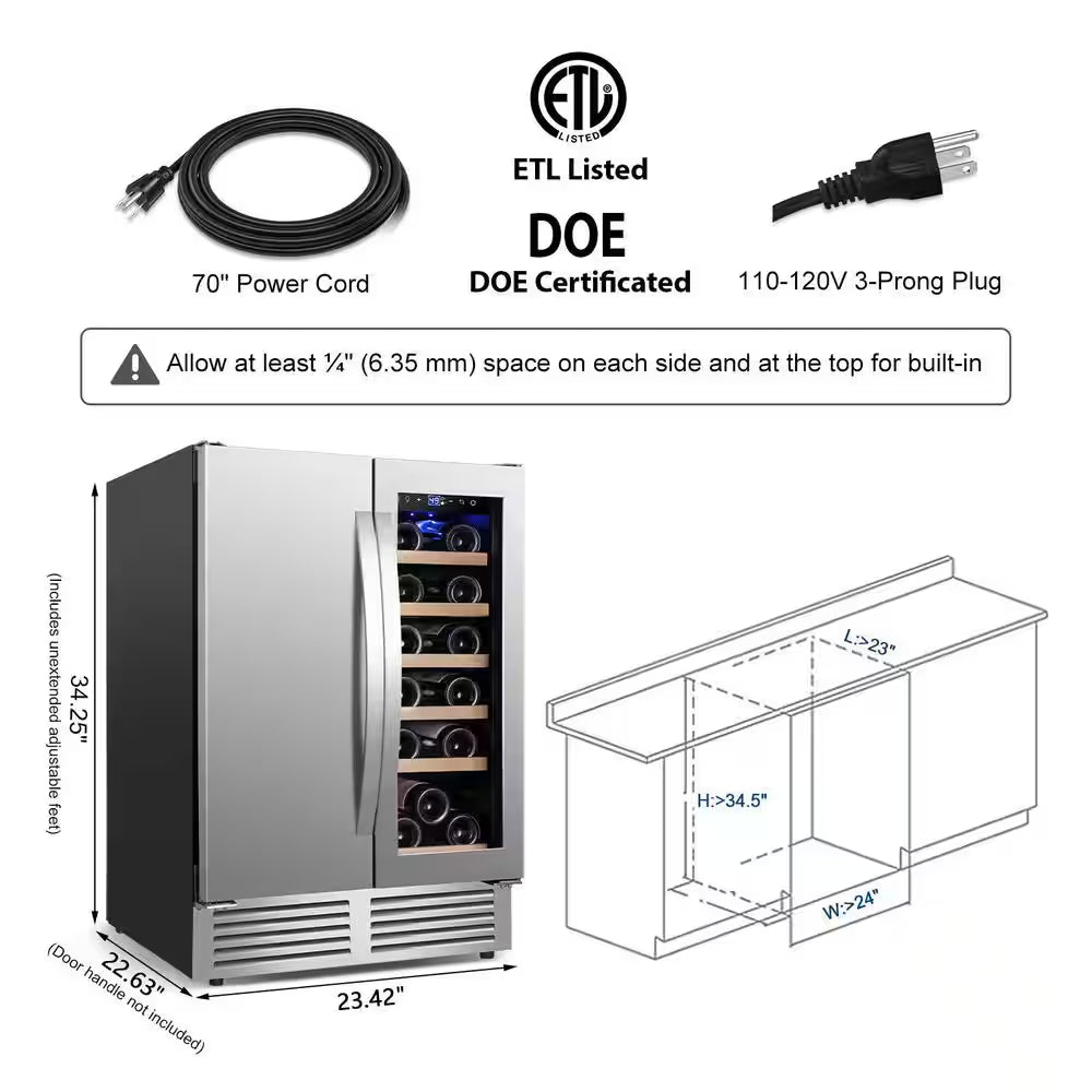 24 In. Built-In Dual Zone 18 Bottle and 80 Can Wine and Beverage Cooler with Four Door Handles Wine Fridge in Silver