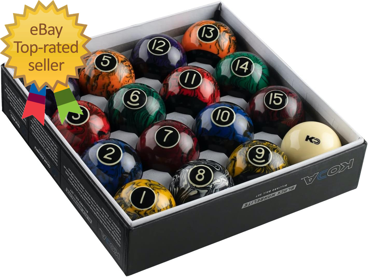 KBBM 2-1/4 Black Marbelite Swirl Complete Billiards Pool Balls Set