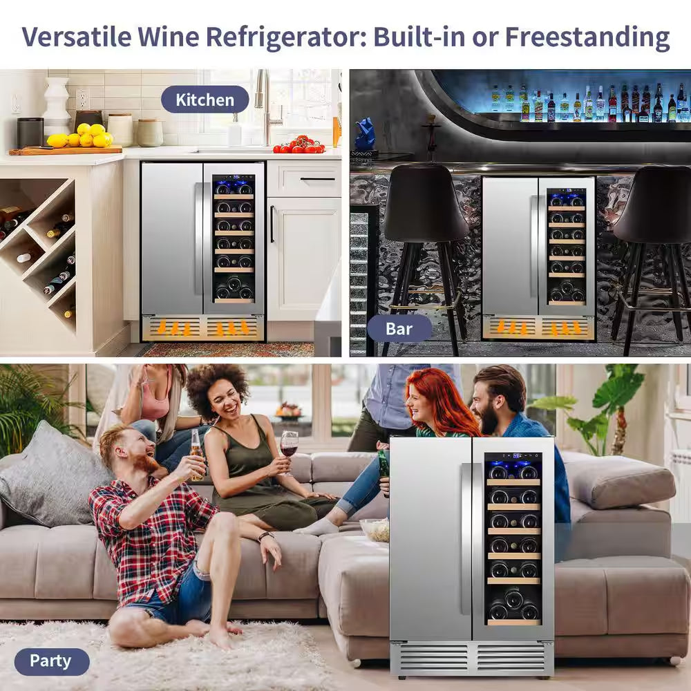 24 In. Built-In Dual Zone 18 Bottle and 80 Can Wine and Beverage Cooler with Four Door Handles Wine Fridge in Silver