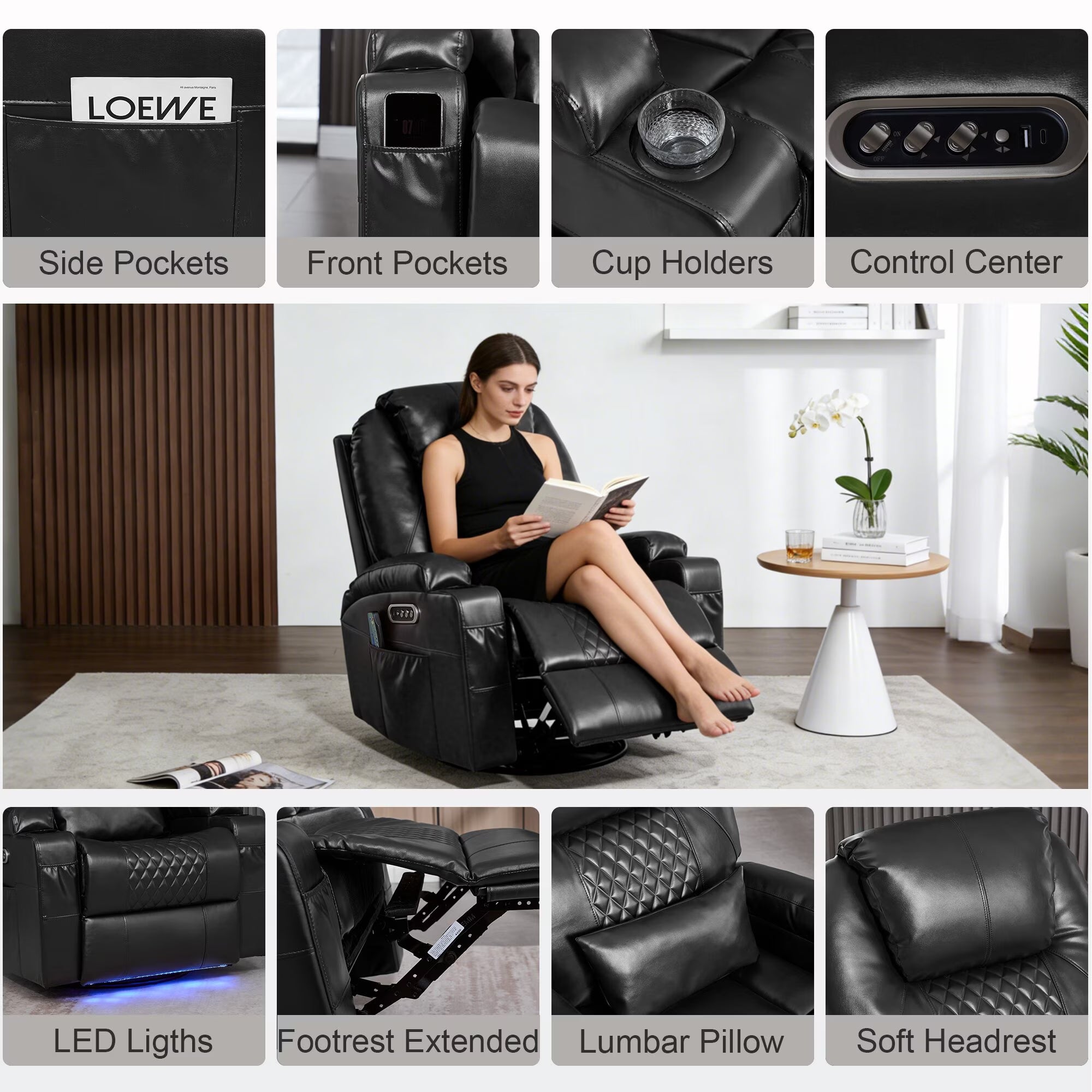 Power Rocker Recliner Chair with Heat and Massage, 240° Swivel Recliner Chair with Lumbar Pillow/Cup Holder/Led Lights/Usb Ports, Black
