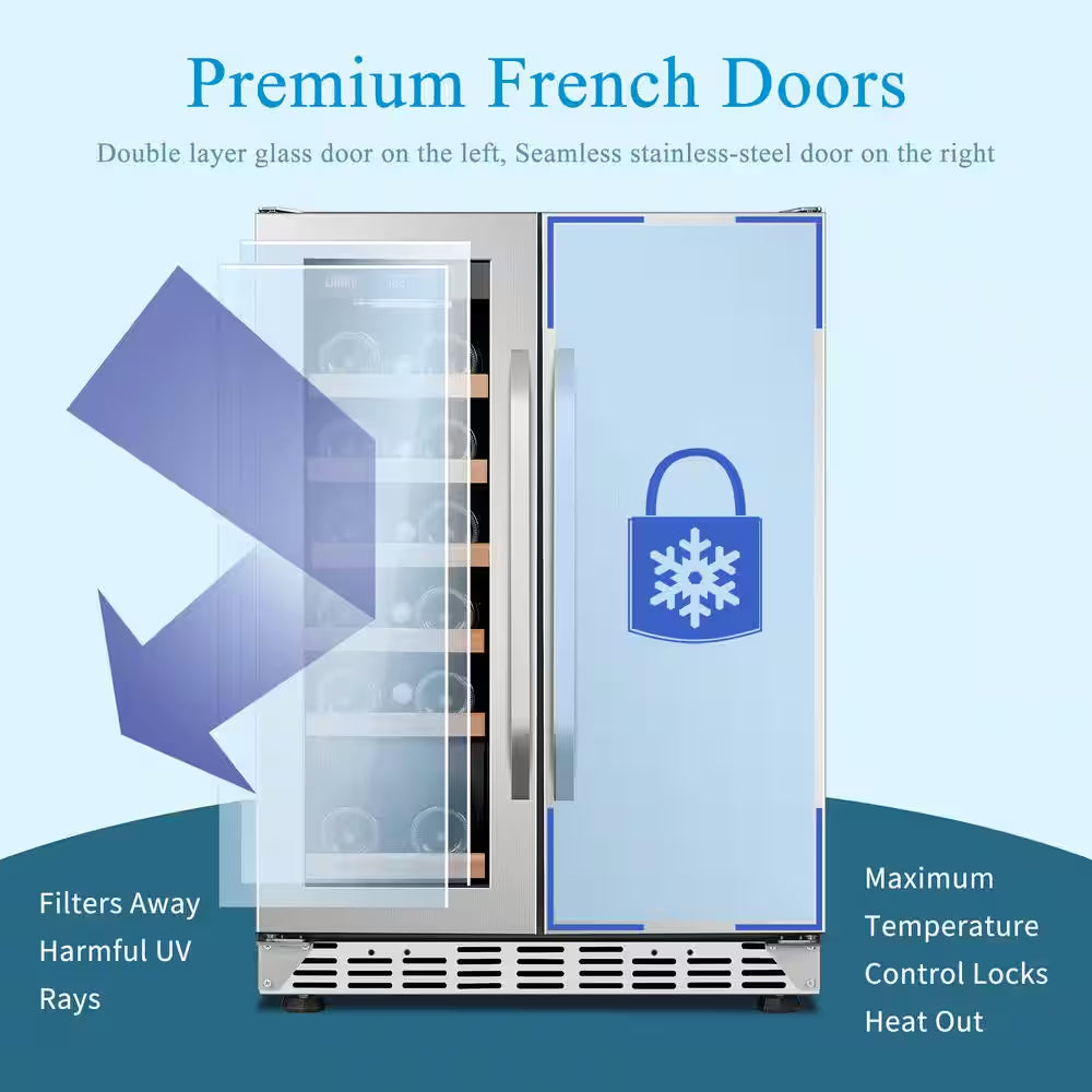 23.4 In. Dual Zone 18-Wine Bottles and 55-Cans with French Door Beverage and Wine Cooler in Stainless Steel