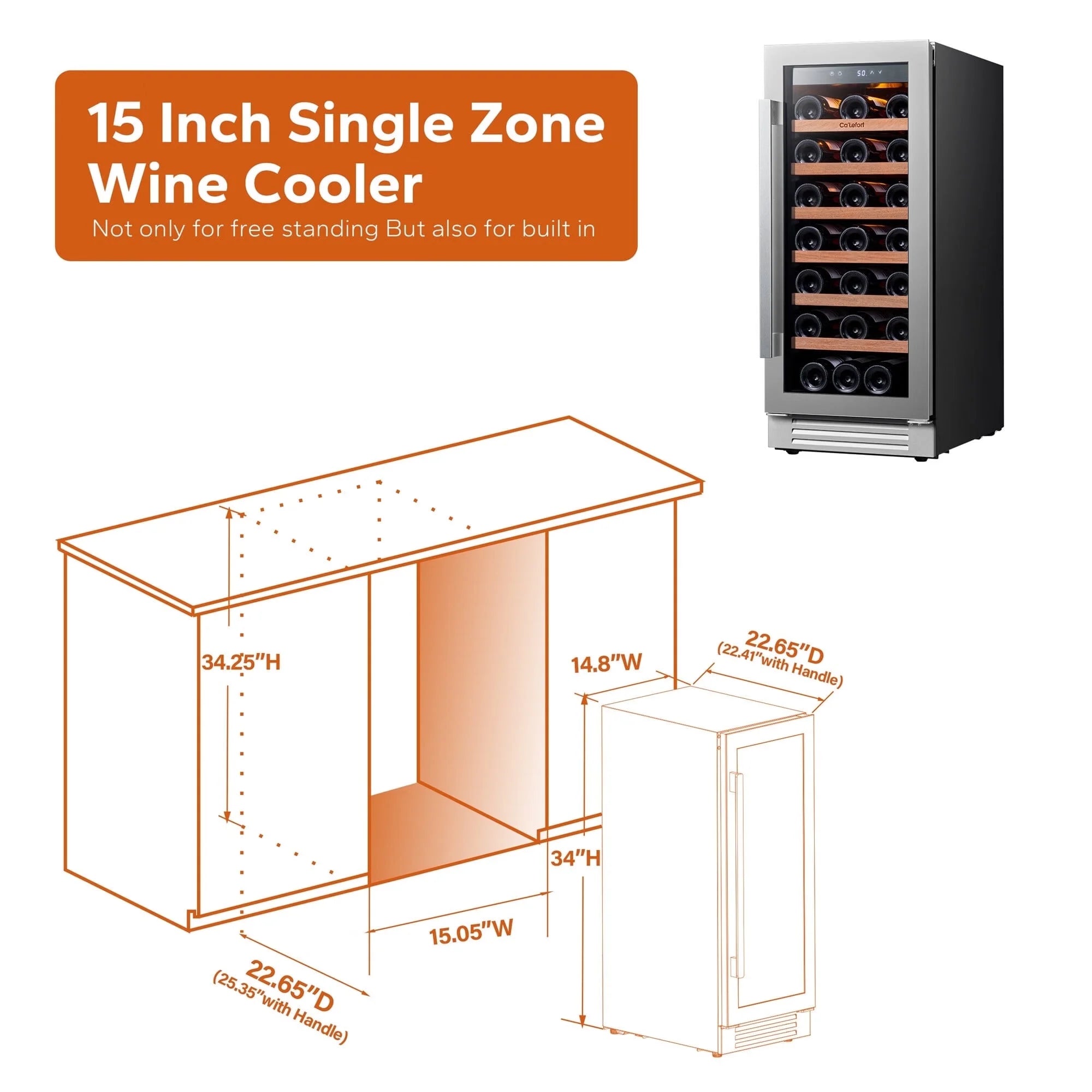 15 Inch Wine Cooler Refrigerator, 33 Bottle Wine Fridge with Glass Door Built-In & Freestanding Wine Cooler for Home/Office