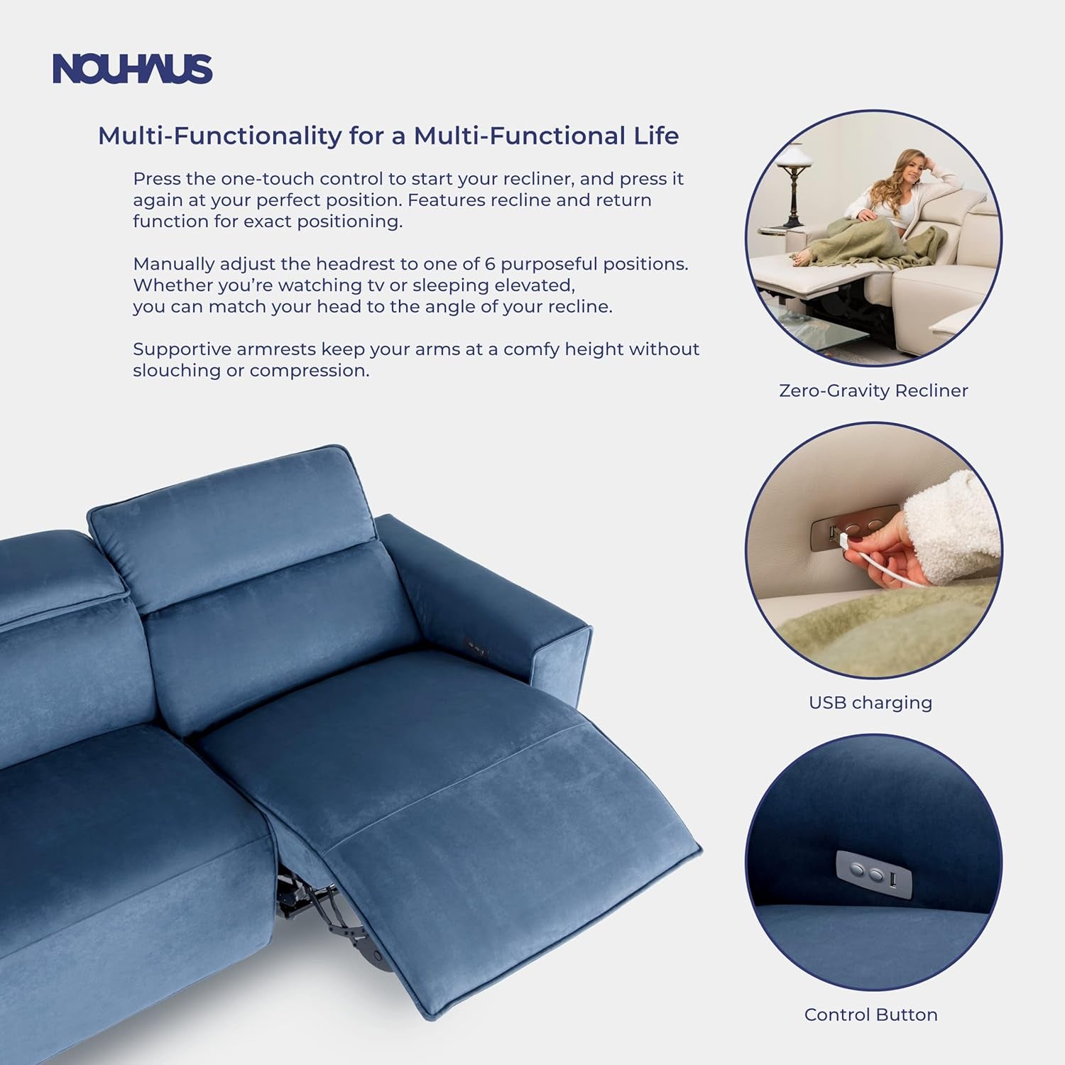 Power Sofa - Electric Couch. Modern Couch, Living Room Couch, Bedroom Couch, Gaming Couch, Game Room Furniture. (Double, Suede - Blue)