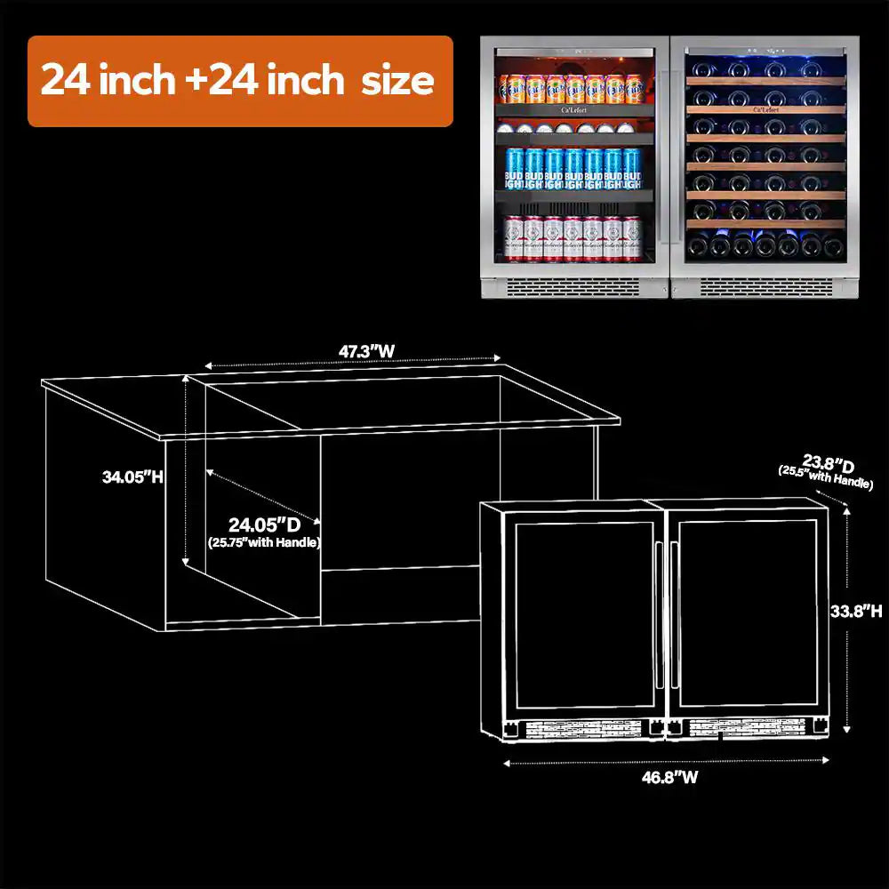 48 In. Dual Zone 54-Wine Bottles & 220-Cans Beverage & Wine Cooler Side-By-Side Built-In Refrigerator in Stainless Steel