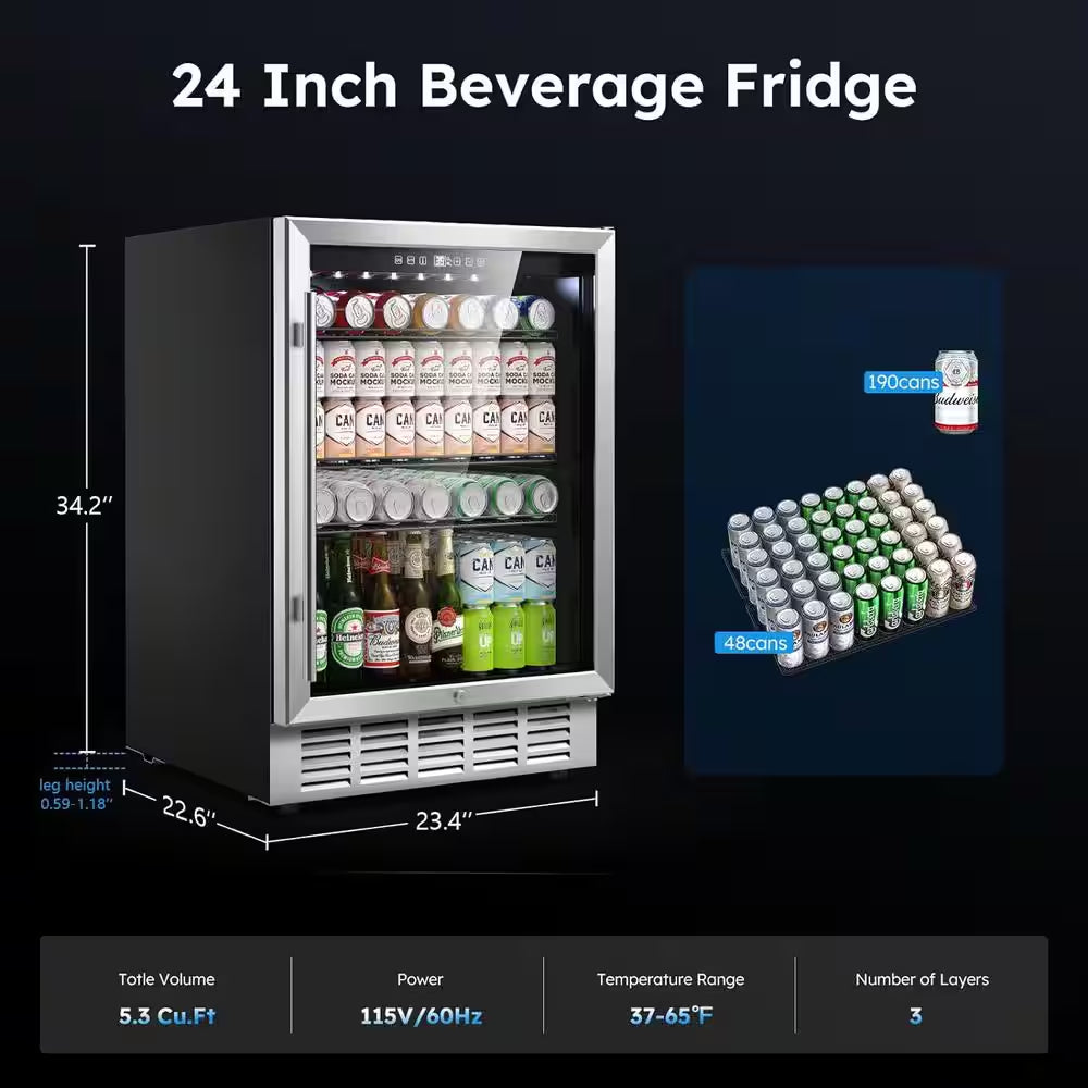 5.29 Cu. Ft. Built-In/Freestanding Indoor/Outdoor Beverage Refrigerator in Silver for 190 Cans (Glass Door)