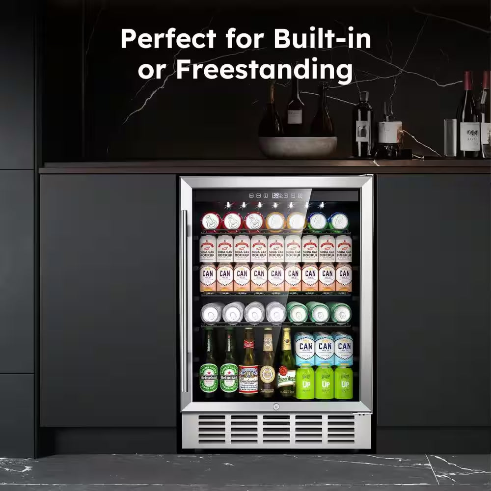 5.29 Cu. Ft. Built-In/Freestanding Indoor/Outdoor Beverage Refrigerator in Silver for 190 Cans (Glass Door)