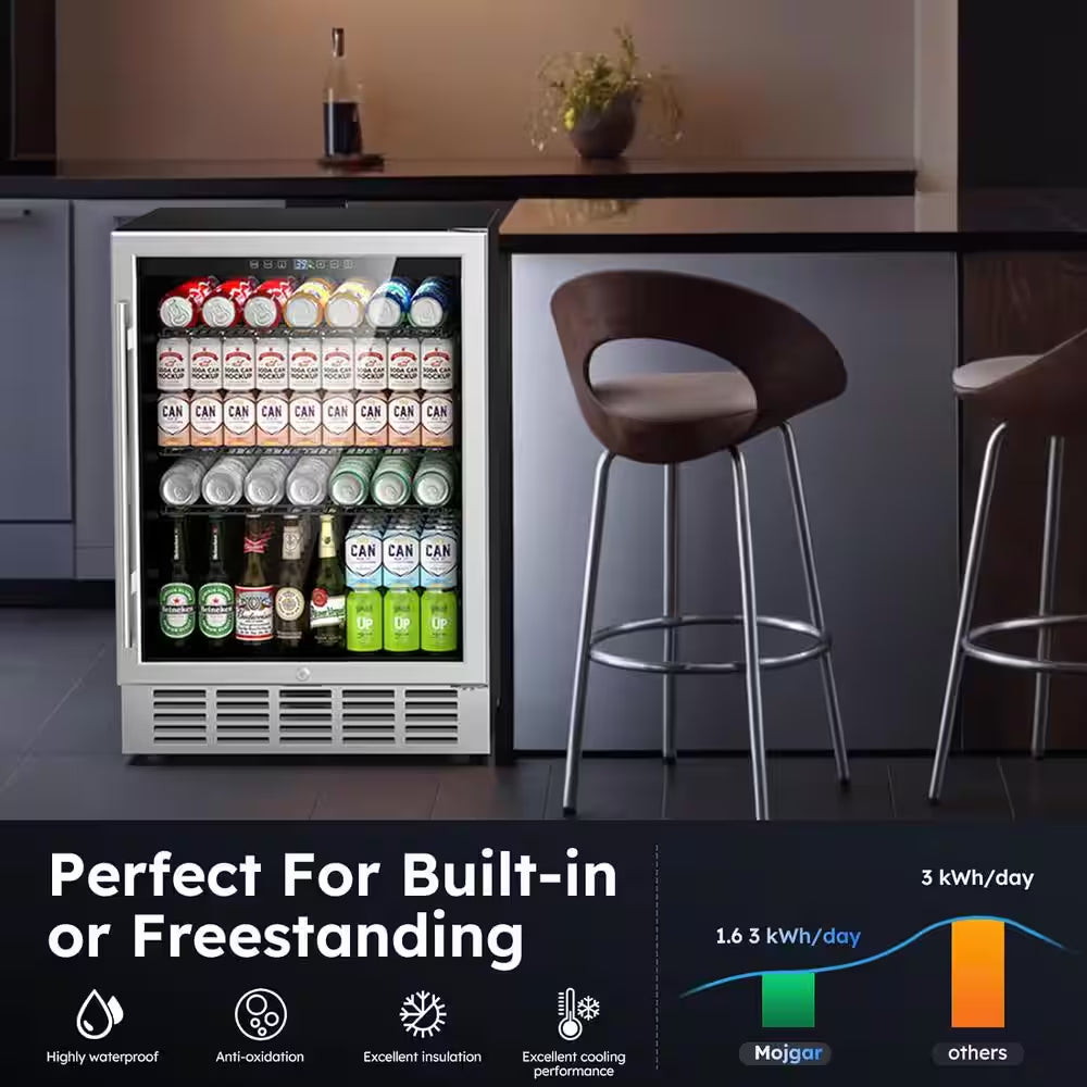 5.29 Cu. Ft. Built-In/Freestanding Indoor/Outdoor Beverage Refrigerator in Silver for 190 Cans (Glass Door)