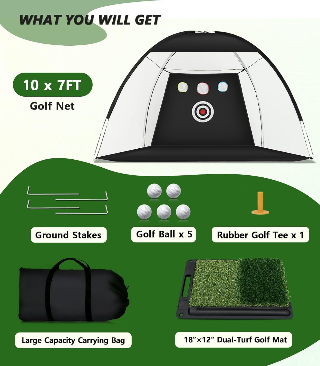 Golf Net: 10X7Ft Golf Hitting Practice Net for Backyard, Indoor or Outdoor Driving Chipping Swing Training and Equip Non-Slip Heavy-Duty Base Hitting Mat, Ideal Gifts for Dad Husband Men Fathers Day