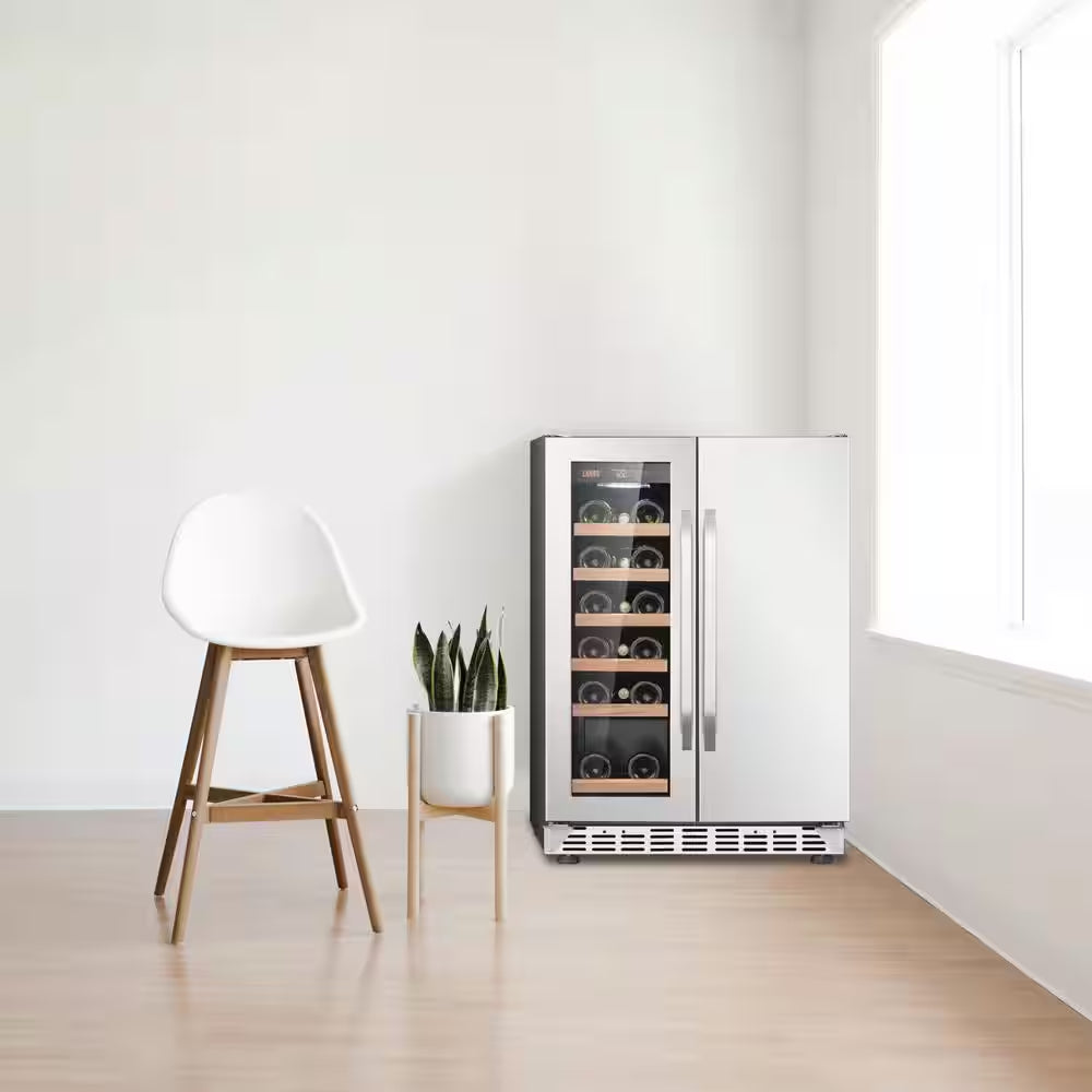 23.4 In. Dual Zone 18-Wine Bottles and 55-Cans with French Door Beverage and Wine Cooler in Stainless Steel