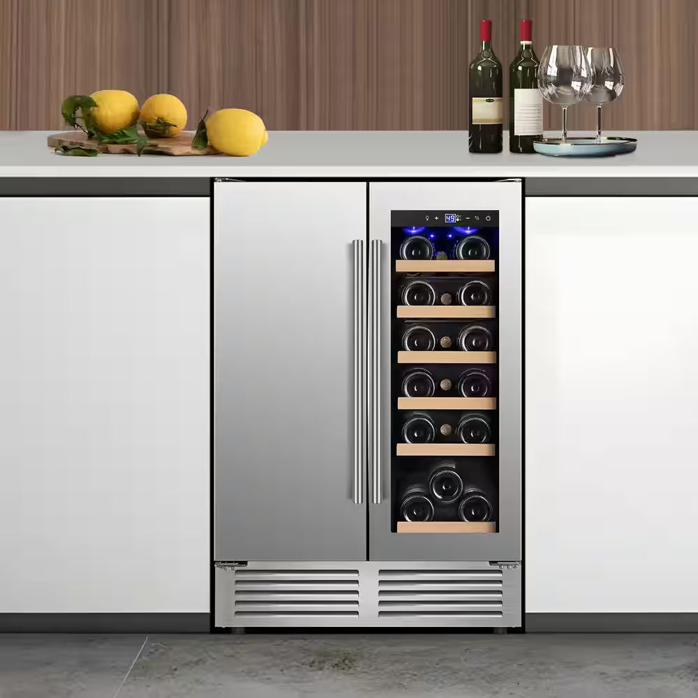 24 In. Built-In Dual Zone 18 Bottle and 80 Can Wine and Beverage Cooler with Four Door Handles Wine Fridge in Silver